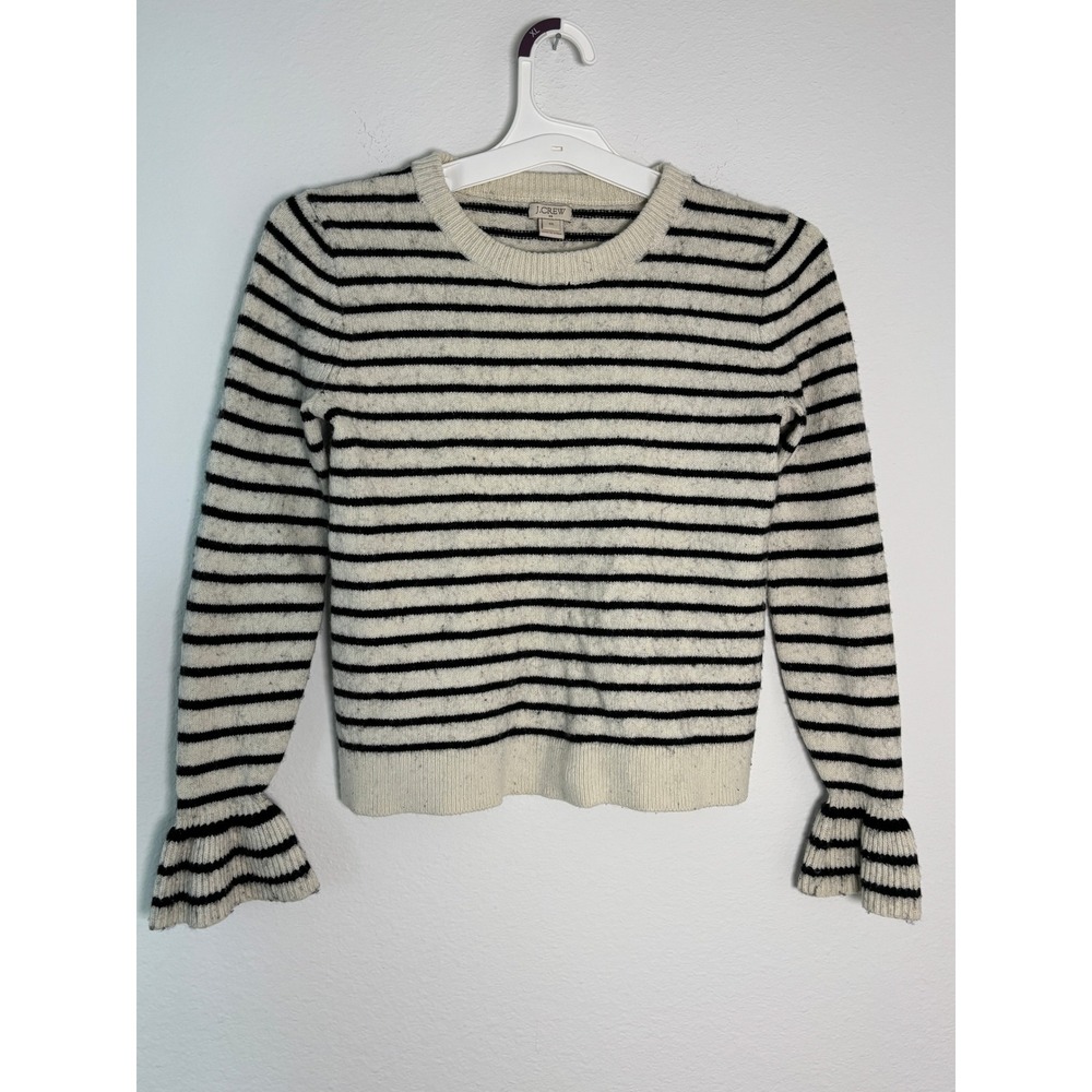J. Crew Striped Ruffle Cuff Crewneck Sweater Ivory Black XS‎